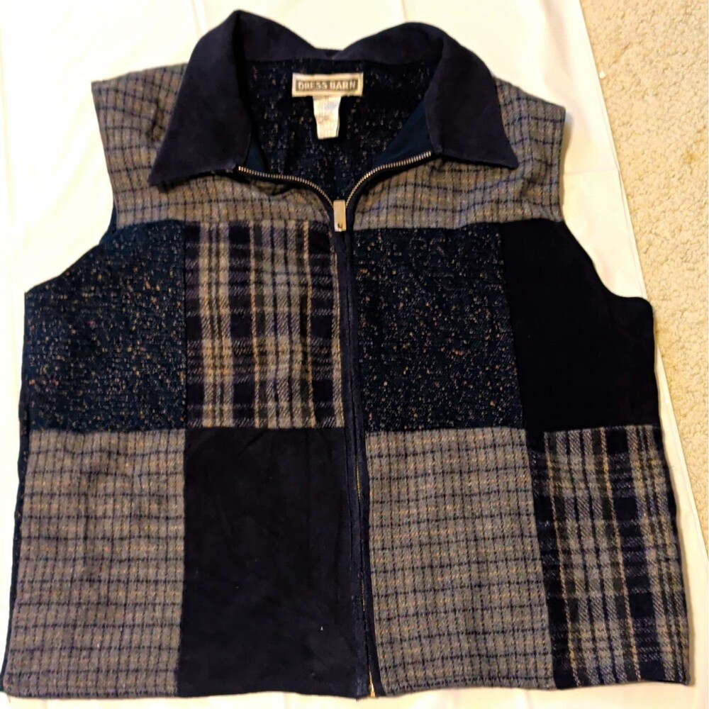 Dress Barn Women XL Blue/Gray/Black Plaid Wool Blend Zip Front Collared Vest Vtg